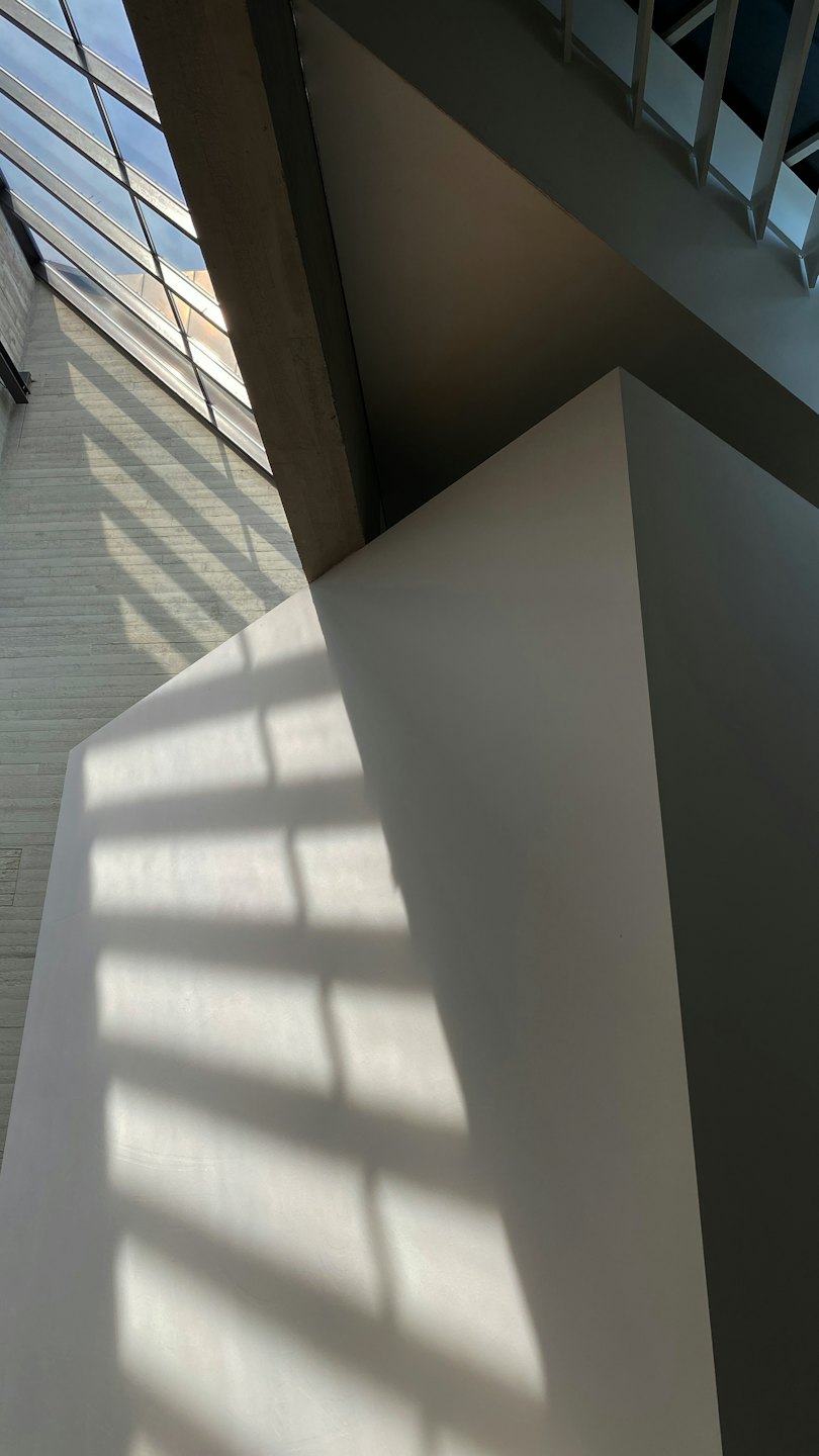 Sunlight casts geometric shadows on a grey concrete wall.
